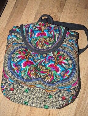 Boho Embroidered Floral Mini Backpack Black Canvas Drawstring Backpack